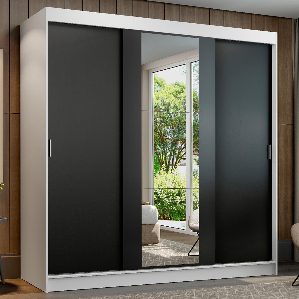 Closet Reno Blanco y Negro 180x205cm con Un Espejo con Cuatro Cajones y con Seis Entrepaños - CLOSETS | Bylmo