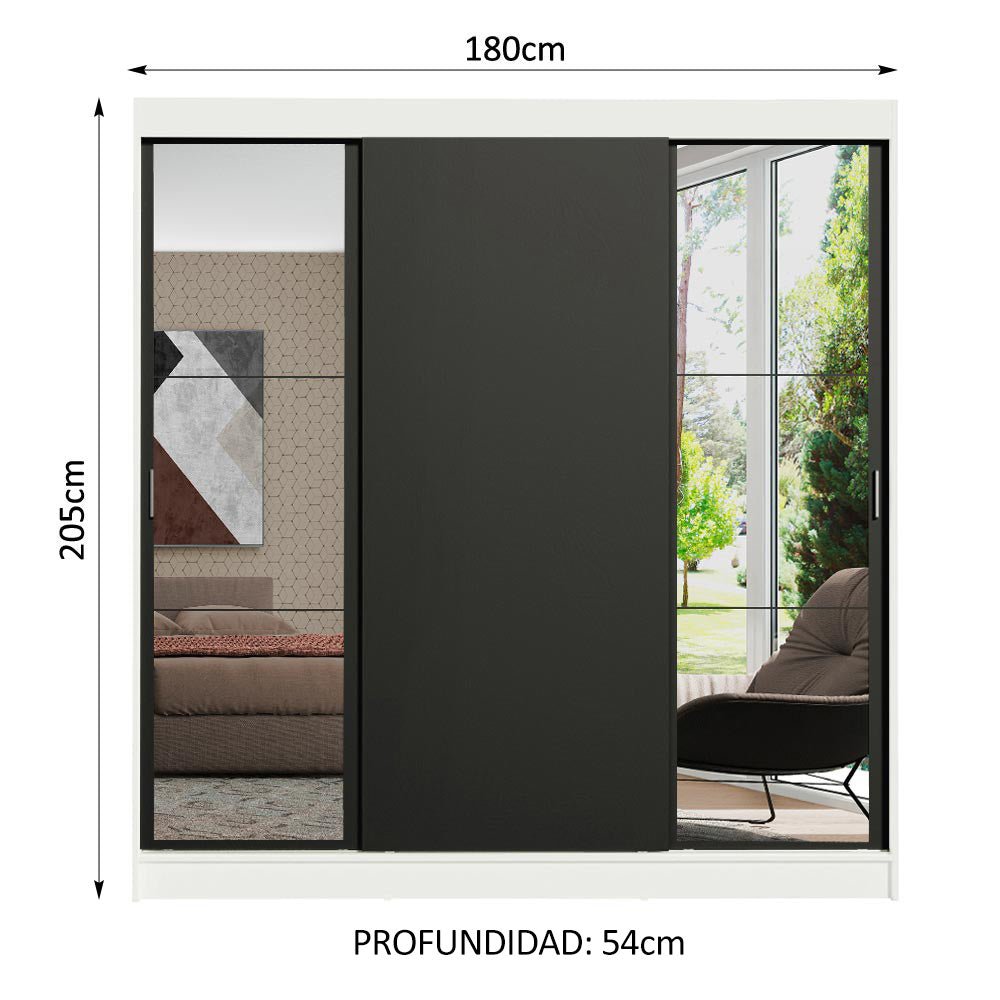 Closet Reno Blanco y Negro 180x205cm con Dos Espejos con Cuatro Cajones y con Seis Entrepaños - CLOSETS | Bylmo