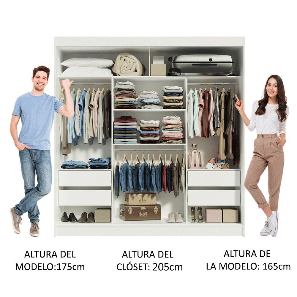 Closet Reno Blanco y Negro 180x205cm con Dos Espejos con Cuatro Cajones y con Seis Entrepaños - CLOSETS | Bylmo