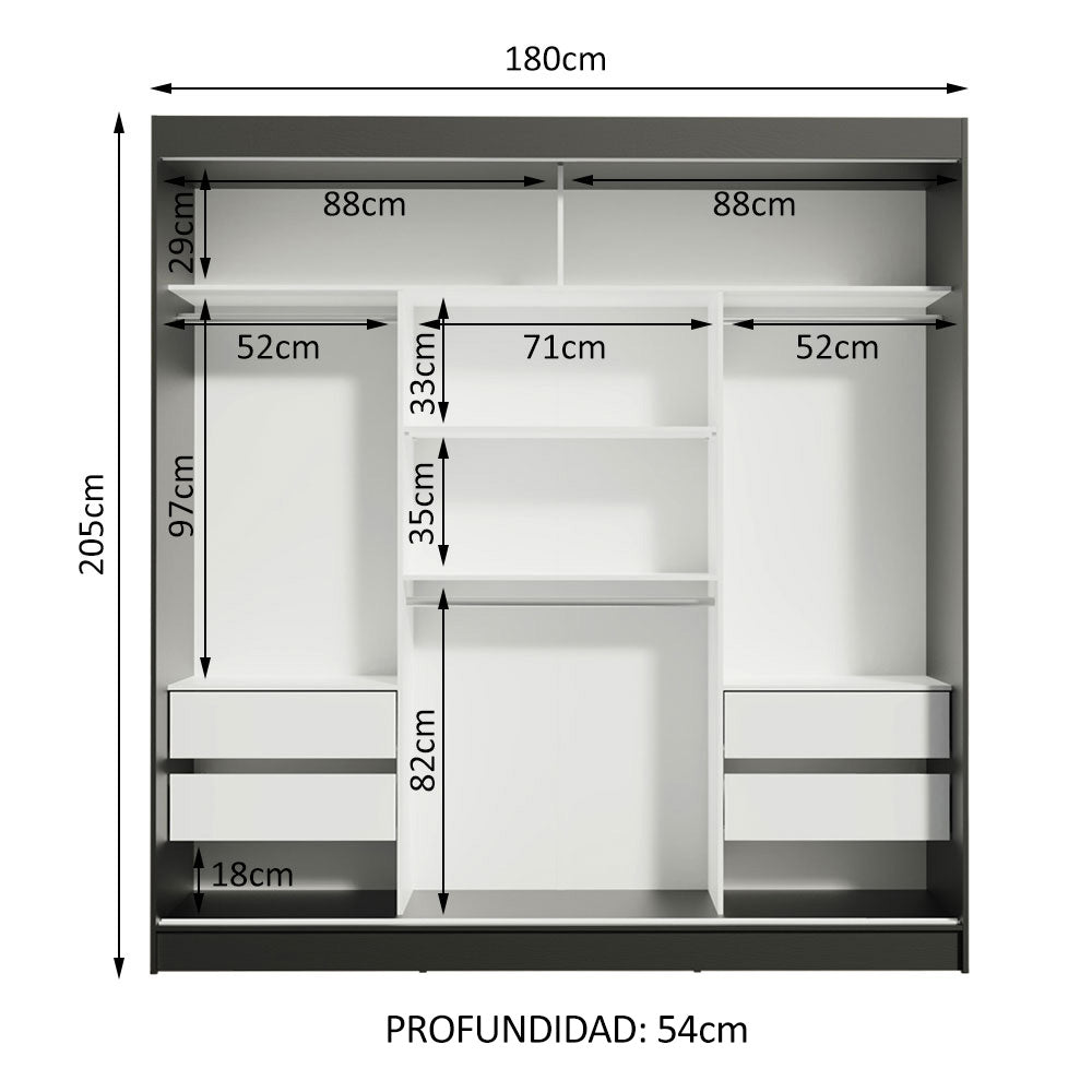 Closet Reno Negro y Blanco 180x205cm con Espejo con Cuatro Cajones y con Seis Entrepaños - CLOSETS | Bylmo