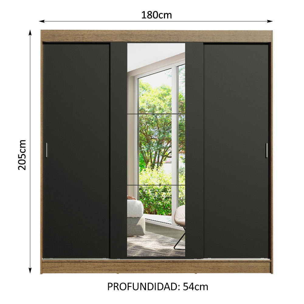 Closet Reno Marron y Negro 180x205cm con Un Espejo con Cuatro Cajones y con Seis Entrepaños - CLOSETS | Bylmo