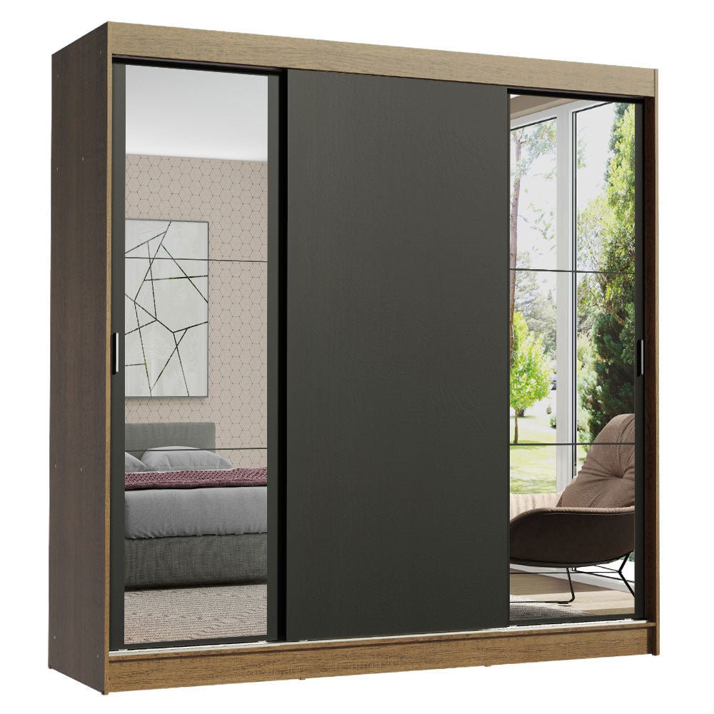 Closet Reno Marron y Negro 180x205cm con Dos Espejos con Cuatro Cajones y con Seis Entrepaños - CLOSETS | Bylmo