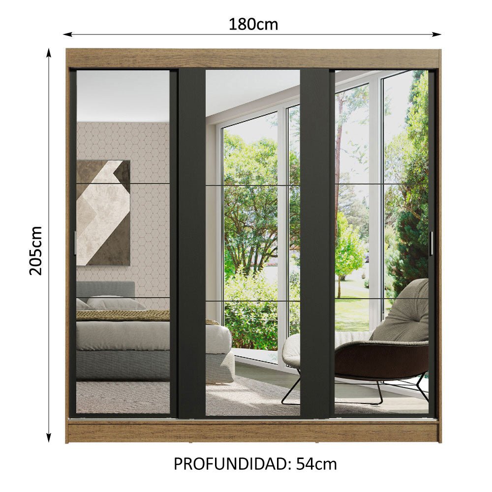 Closet Reno Marron y Negro 180x205cm con Espejo con Cuatro Cajones y con Seis Entrepaños - CLOSETS | Bylmo