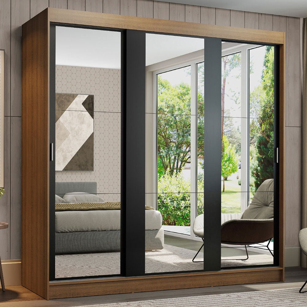 Closet Reno Marron y Negro 180x205cm con Espejo con Cuatro Cajones y con Seis Entrepaños - CLOSETS | Bylmo