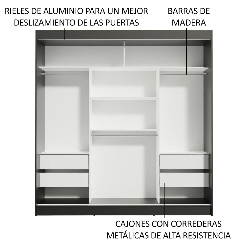 Closet Reno Negro 180x205cm con Dos Espejos con Cuatro Cajones y con Seis Entrepaños - CLOSETS | Bylmo