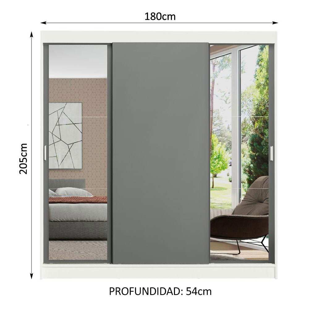 Closet Reno Blanco y Gris 180x205cm con Espejo con Cuatro Cajones y con Seis Entrepaños - CLOSETS | Bylmo