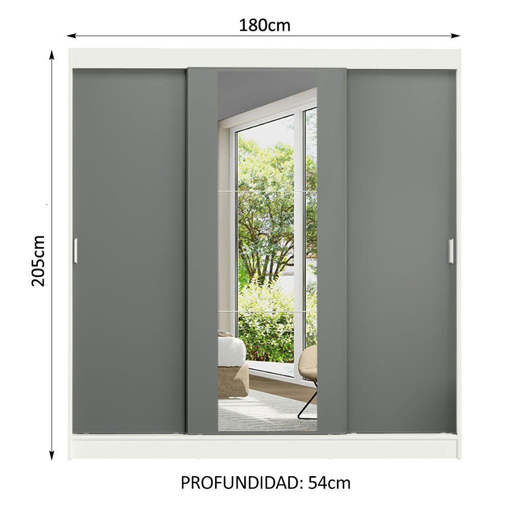 Closet Reno Blanco y Gris 180x205cm con un Espejo con Cuatro Cajones y con Seis Entrepaños - CLOSETS | Bylmo