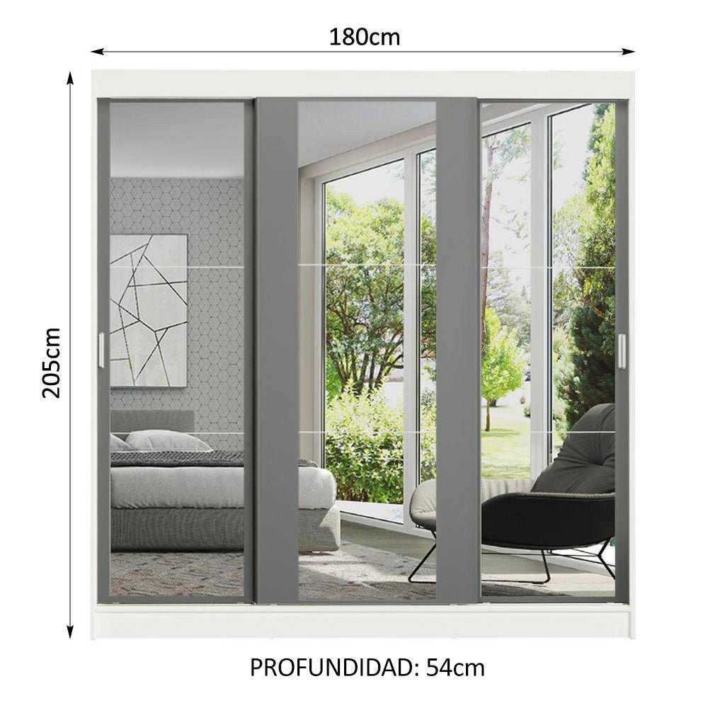 Closet Reno Blanco y Gris 180x205cm con Dos Espejos con Cuatro Cajones y con Seis Entrepaños - CLOSETS | Bylmo