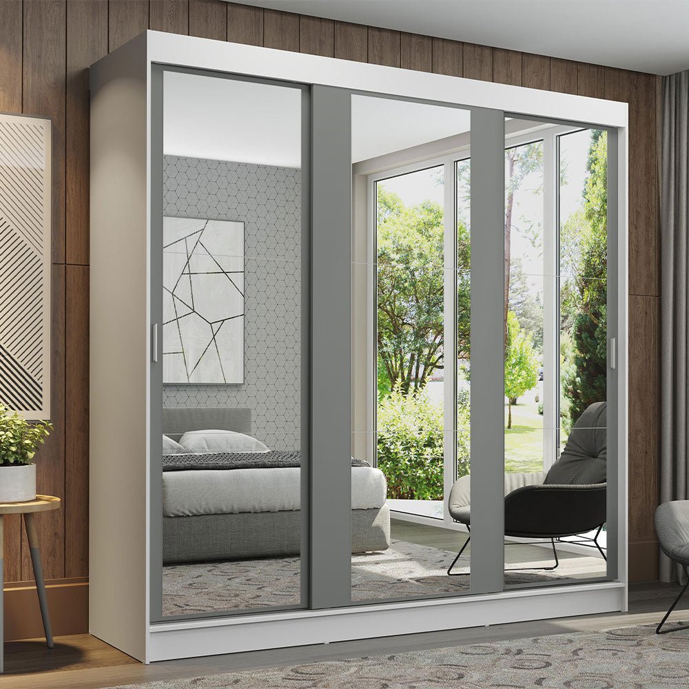 Closet Reno Blanco y Gris 180x205cm con Dos Espejos con Cuatro Cajones y con Seis Entrepaños - CLOSETS | Bylmo