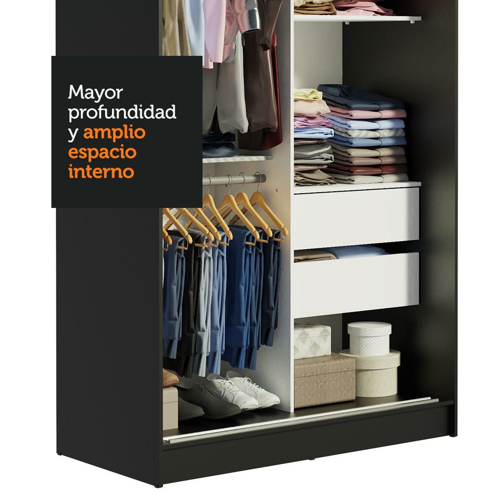 Closet Tokio Negro y Marron 109x218cm con Espejo con Dos Cajones Cinco Entrepaños y Siete Compartimientos - CLOSETS | Bylmo