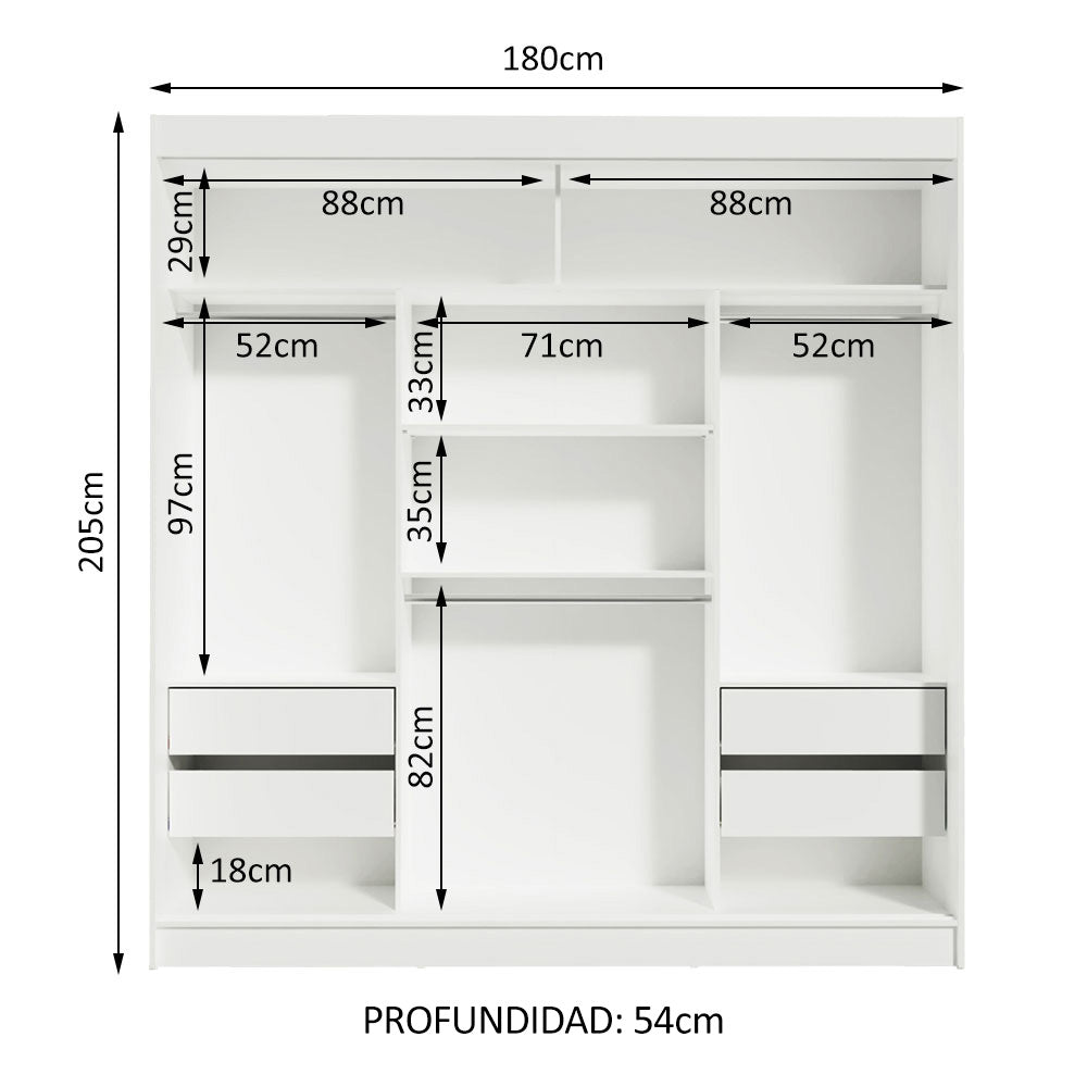 Closet Tokio Blanco y Gris 180x205cm con Cuatro Cajones y con Seis Entrepaños - CLOSETS | Bylmo