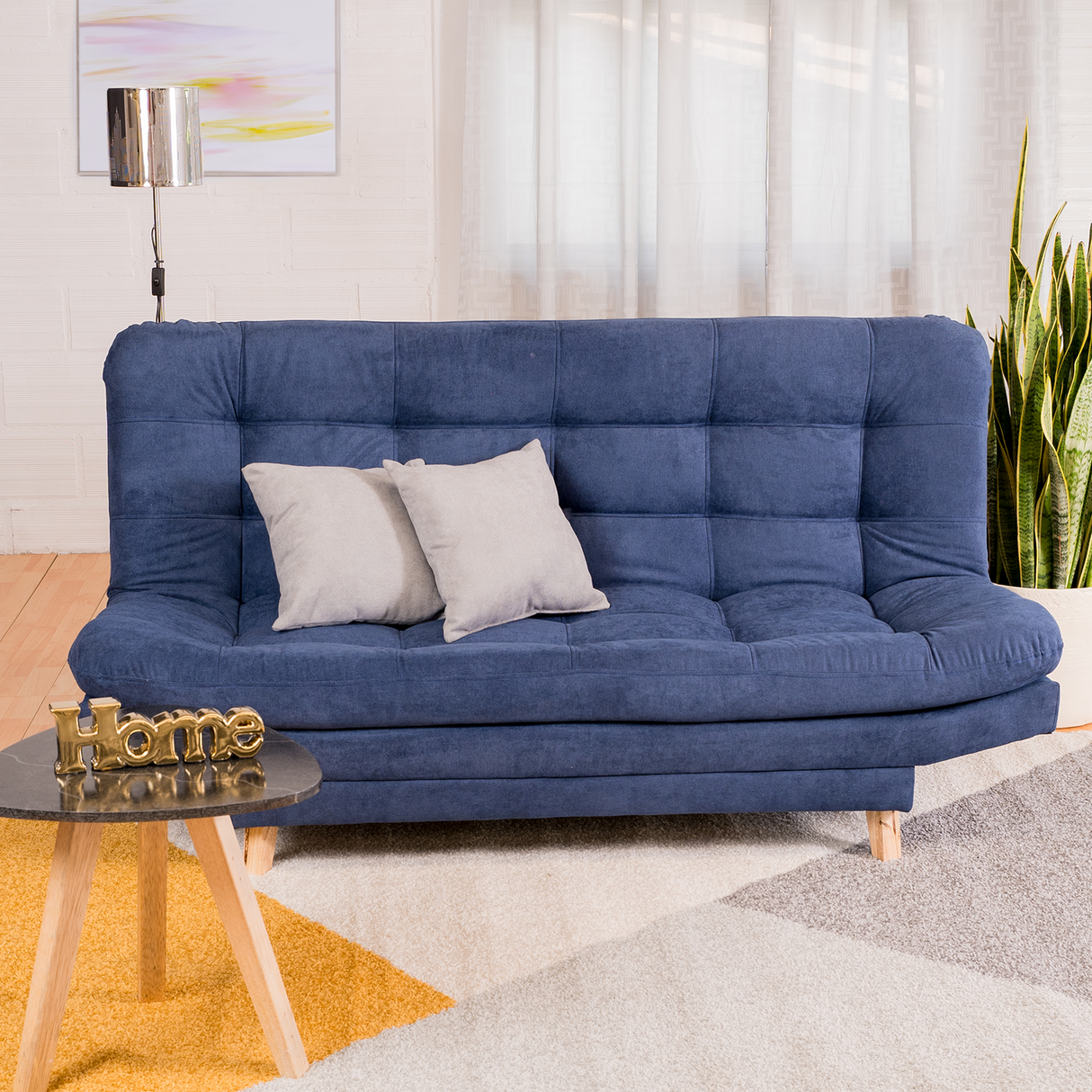 Sofá Cama Valencia Azul 180x85cm De Tres Puestos Antifluido con Patas y Dos Cojines Decorativos - SOFAS Y POLTRONAS | Bylmo