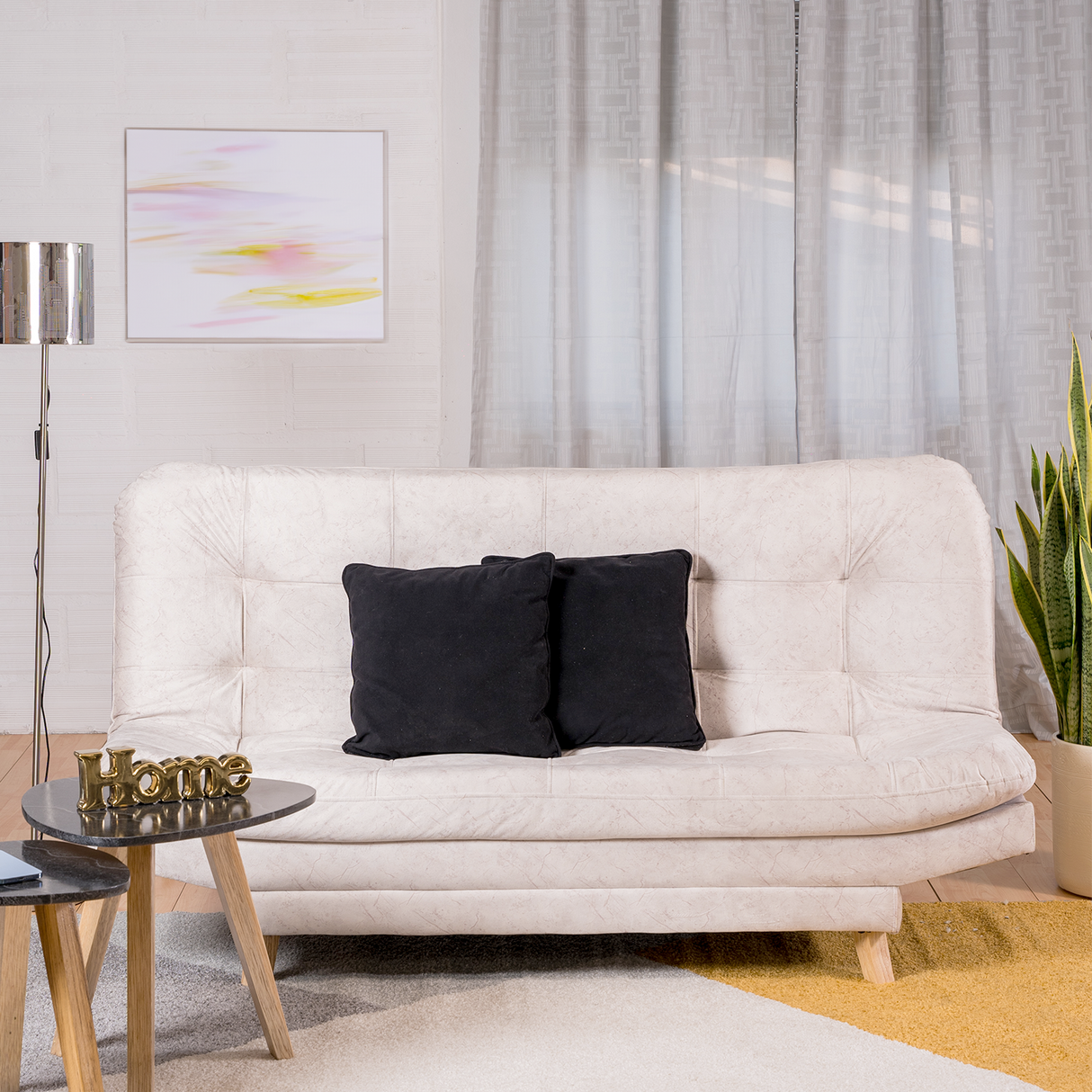 Sofá Cama Valencia Mármol Marfil 180x85cm De Tres Puestos Antifluido con Patas y Dos Cojines Decorativos - SOFAS Y POLTRONAS | Bylmo