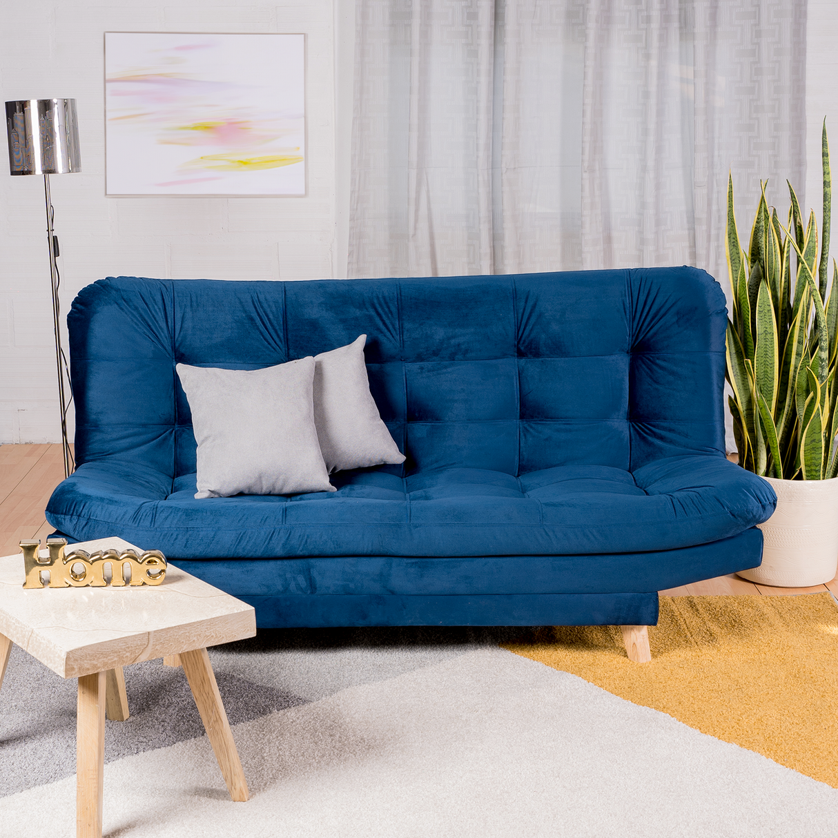 Sofá Cama Valencia Azul Petróleo 180x85cm De Tres Puestos Antifluido con Patas y Dos Cojines Decorativos - SOFAS Y POLTRONAS | Bylmo