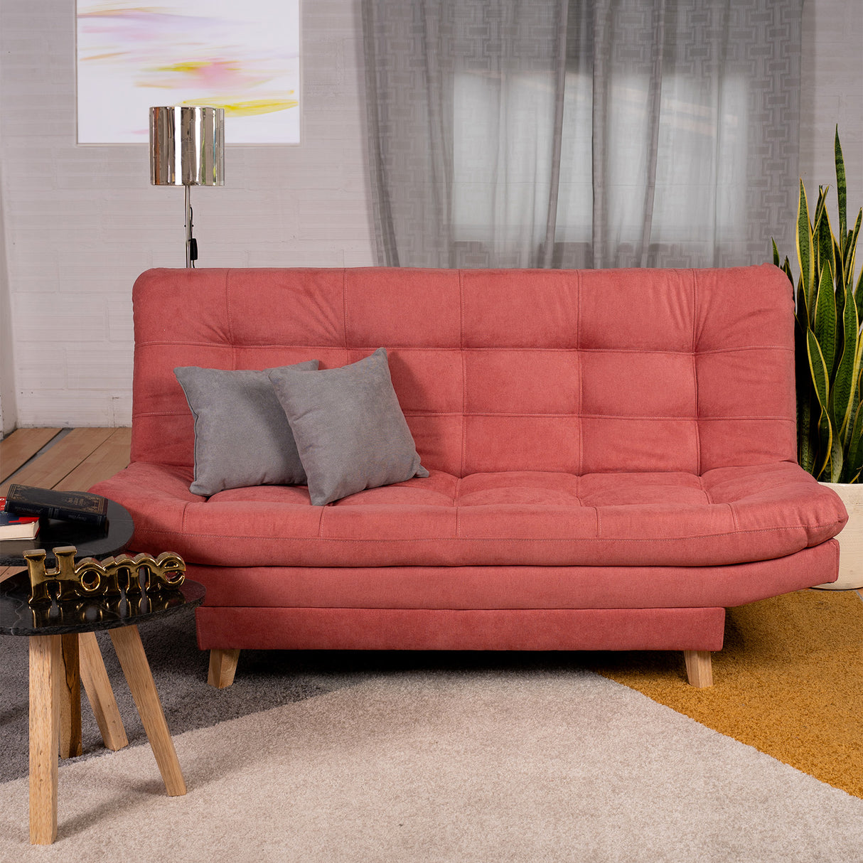 Sofá Cama Valencia Guayaba 180x85cm De Tres Puestos Antifluido con Patas y Dos Cojines Decorativos - SOFAS Y POLTRONAS | Bylmo