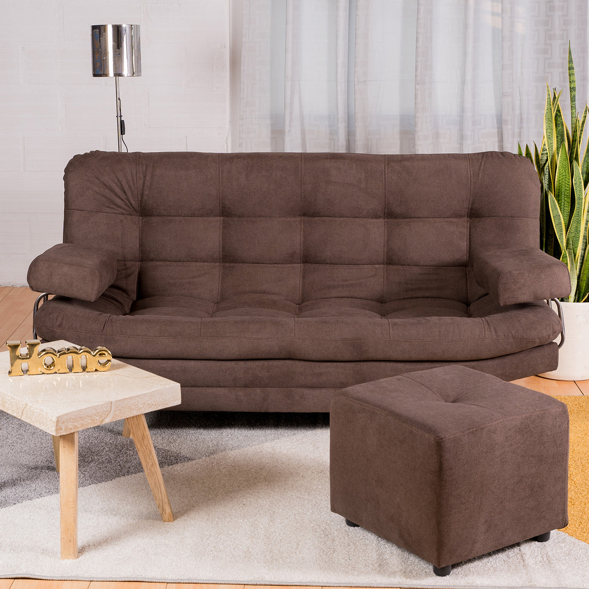 Combo Sofá Cama y Puff Valencia Chocolate 180x85cm De Tres Puestos Antifluido con Patas - SOFAS Y POLTRONAS | Bylmo