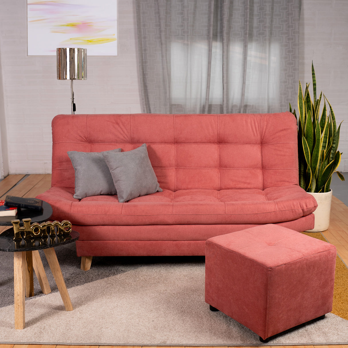 Combo Sofá Cama y Puff Valencia Guayaba 180x85cm De Tres Puestos Antifluido con Patas - SOFAS Y POLTRONAS | Bylmo