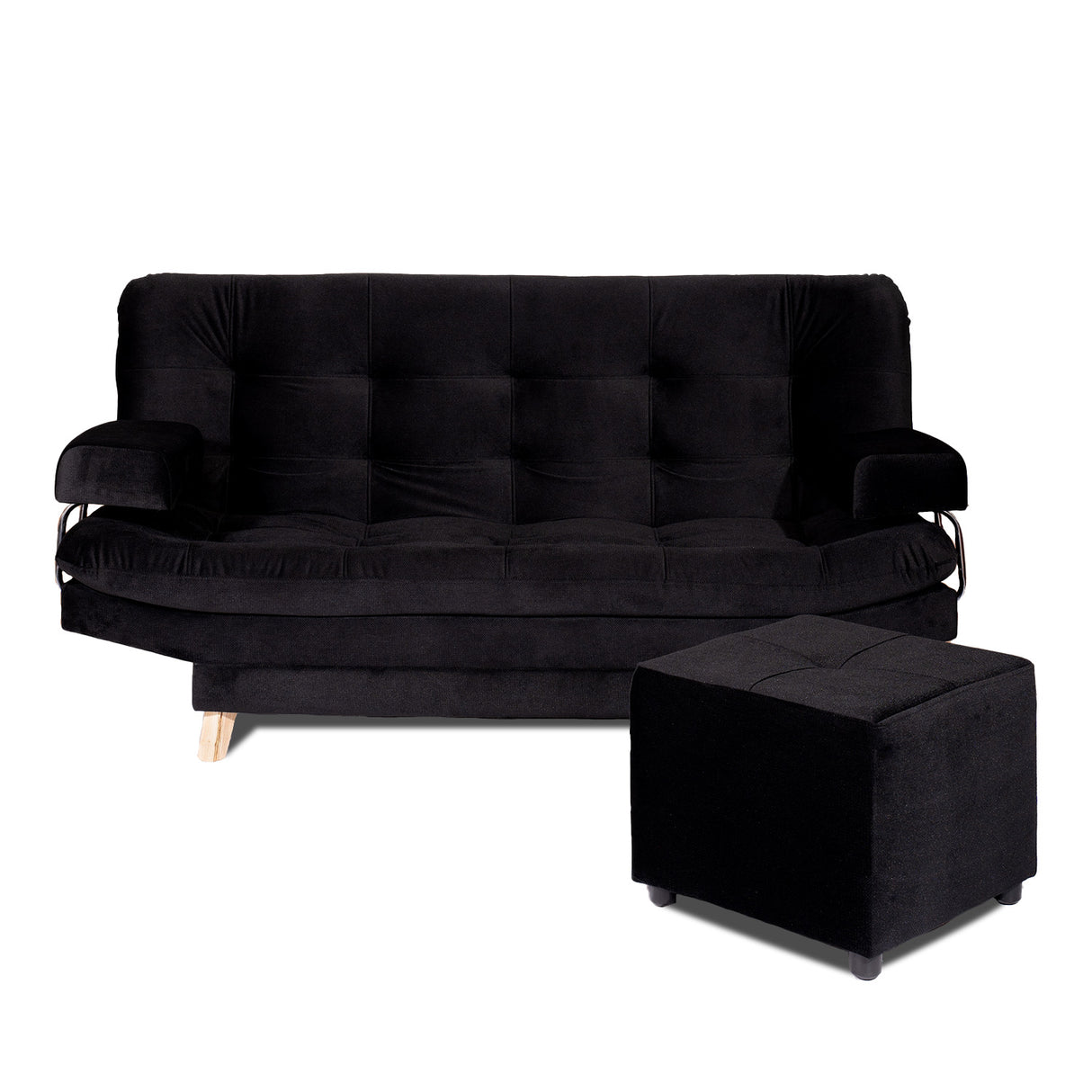 Combo Sofá Cama y Puff Valencia Negro 180x85cm De Tres Puestos Antifluido con Patas - SOFAS Y POLTRONAS | Bylmo