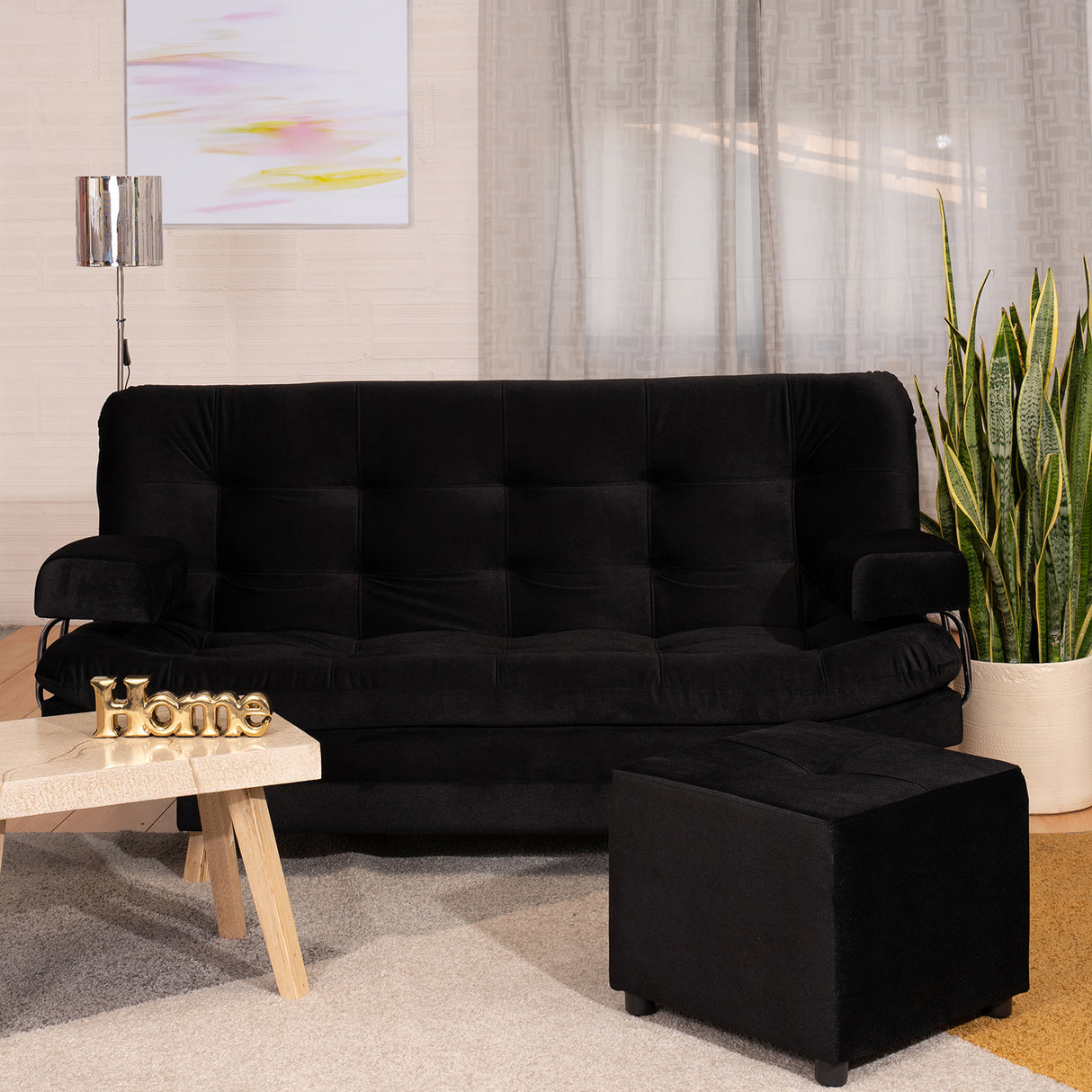 Combo Sofá Cama y Puff Valencia Negro 180x85cm De Tres Puestos Antifluido con Patas - SOFAS Y POLTRONAS | Bylmo