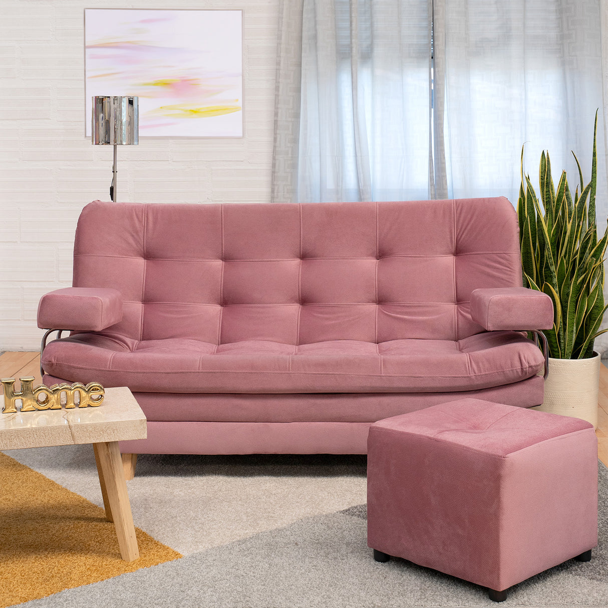 Combo Sofá Cama y Puff Valencia Rosa 180x85cm De Tres Puestos Antifluido con Patas - SOFAS Y POLTRONAS | Bylmo