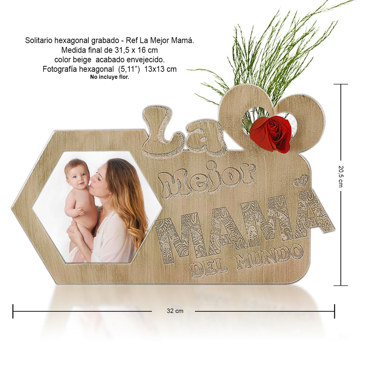 Portarretrato La Mejor Mamá Crema y Envejecido 31.5x16cm sin Marco y con Vidrio Protector - PORTARRETRATOS | Bylmo