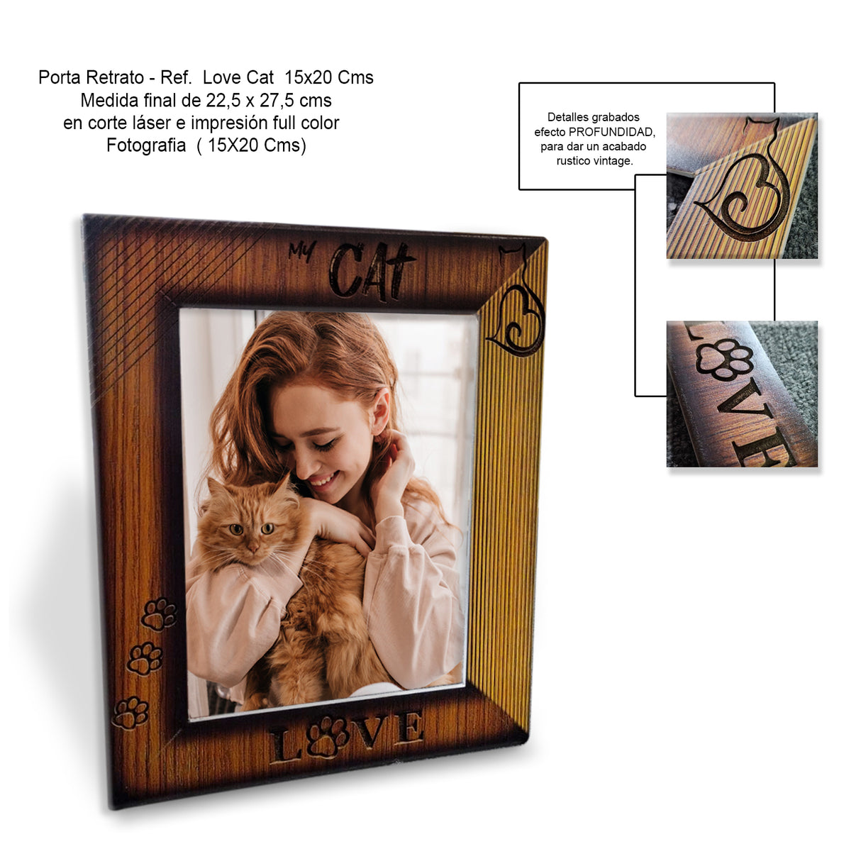 Portarretrato Love Cat Madera Clara Natural 22.5x27.5cm sin Marco y con Vidrio Protector - PORTARRETRATOS | Bylmo