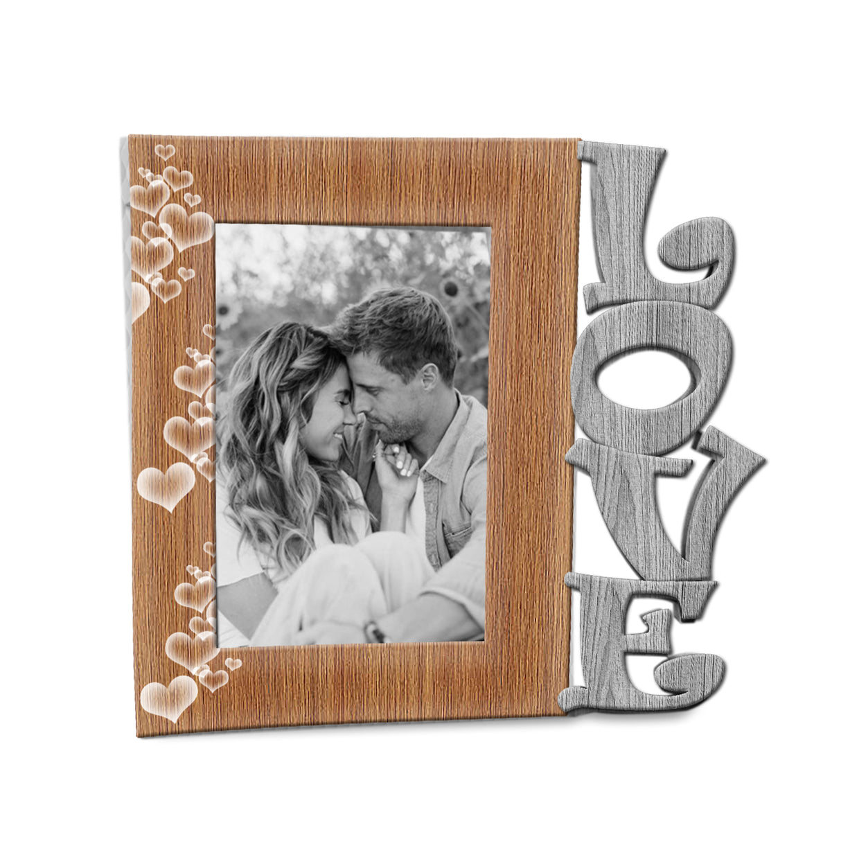 Portarretrato Love Gris y Madera Clara Natural 21x19.5cm sin Marco y con Vidrio Protector - PORTARRETRATOS | Bylmo