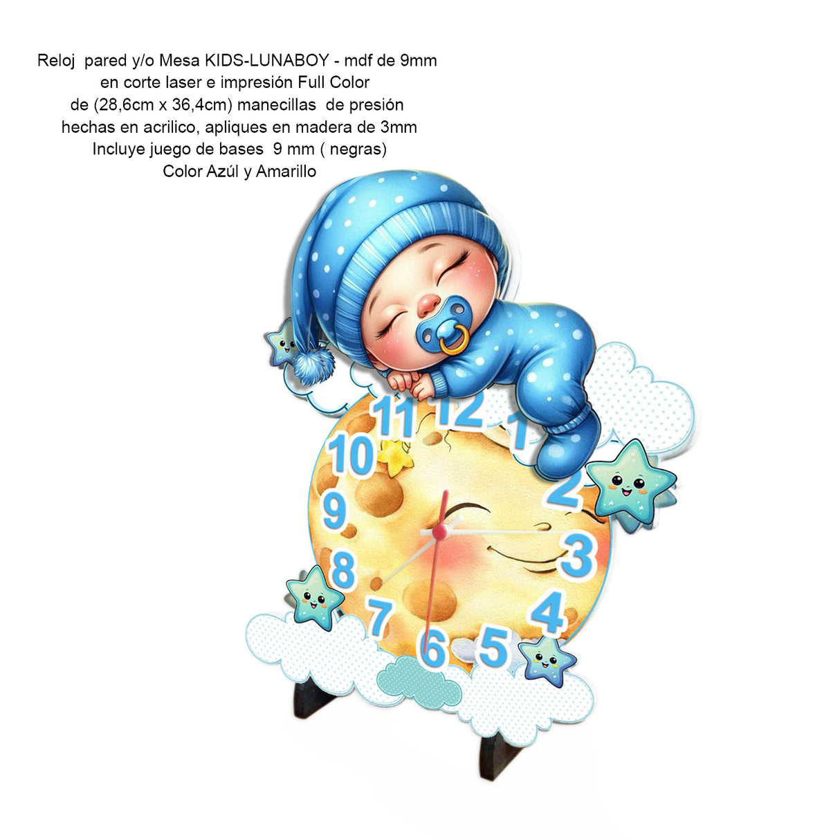 Reloj de Pared Kids Azul y Amarillo 28.6x36.4cm Irregular Analogo de Baterias - RELOJES | Bylmo