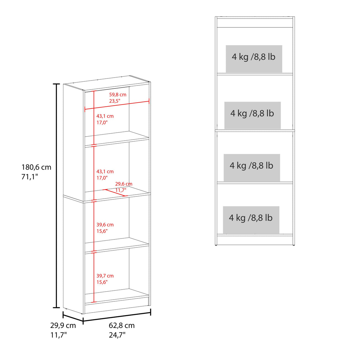 Estantería Home Nogal 62.8x180.6cm Rectangular con Tres Entrepaños y Cuatro Compartimientos - BIBLIOTECAS Y ESTANTERIAS | Bylmo