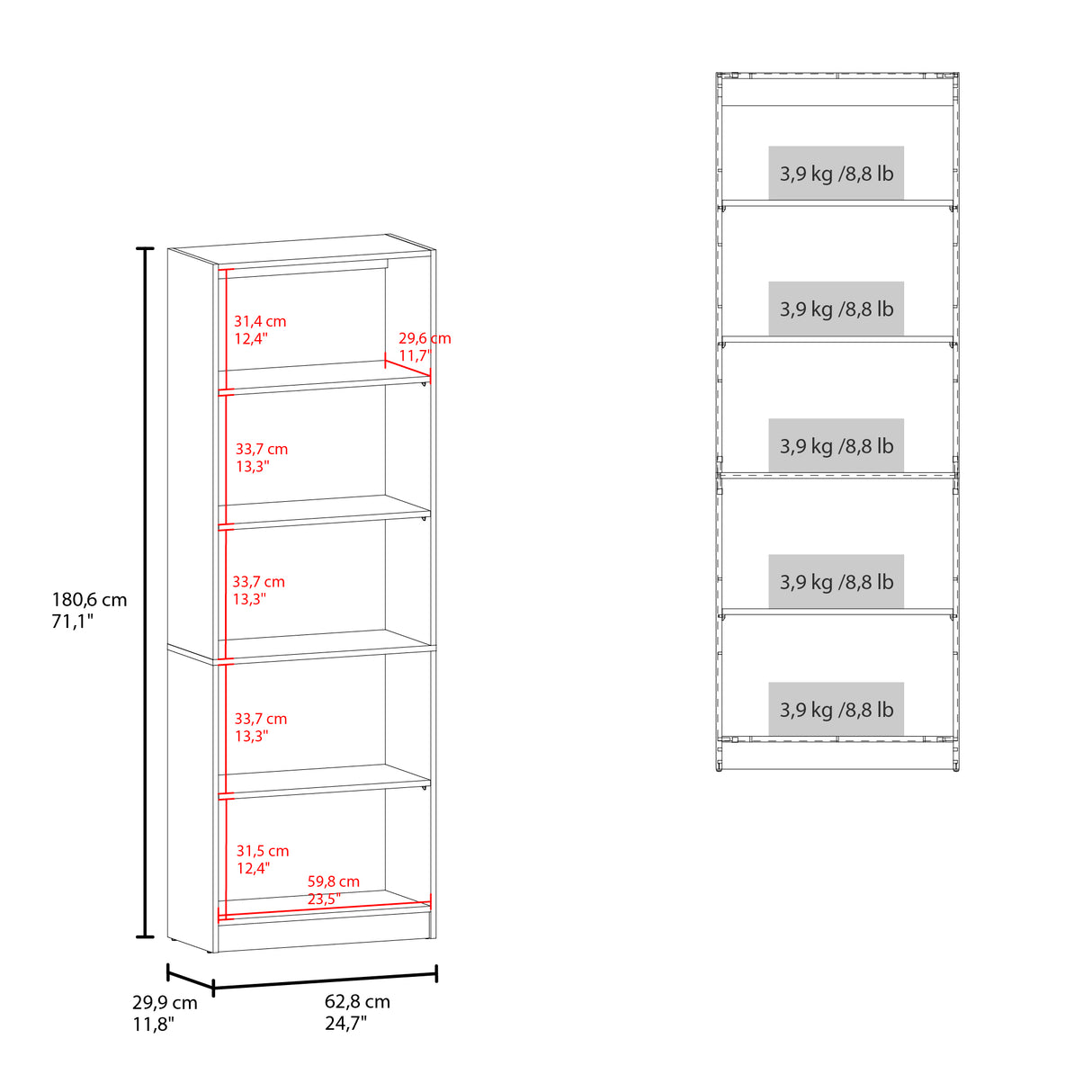 Estantería Home Nogal 62.8x180.6cm Rectangular con Cuatro Entrepaños - BIBLIOTECAS Y ESTANTERIAS | Bylmo