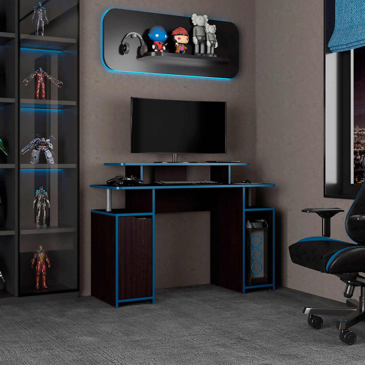 Escritorio Gamer Keria Wengue y Azul 120x88.5cm sin Cajones y con Organizador de Libros - ESCRITORIOS | Bylmo