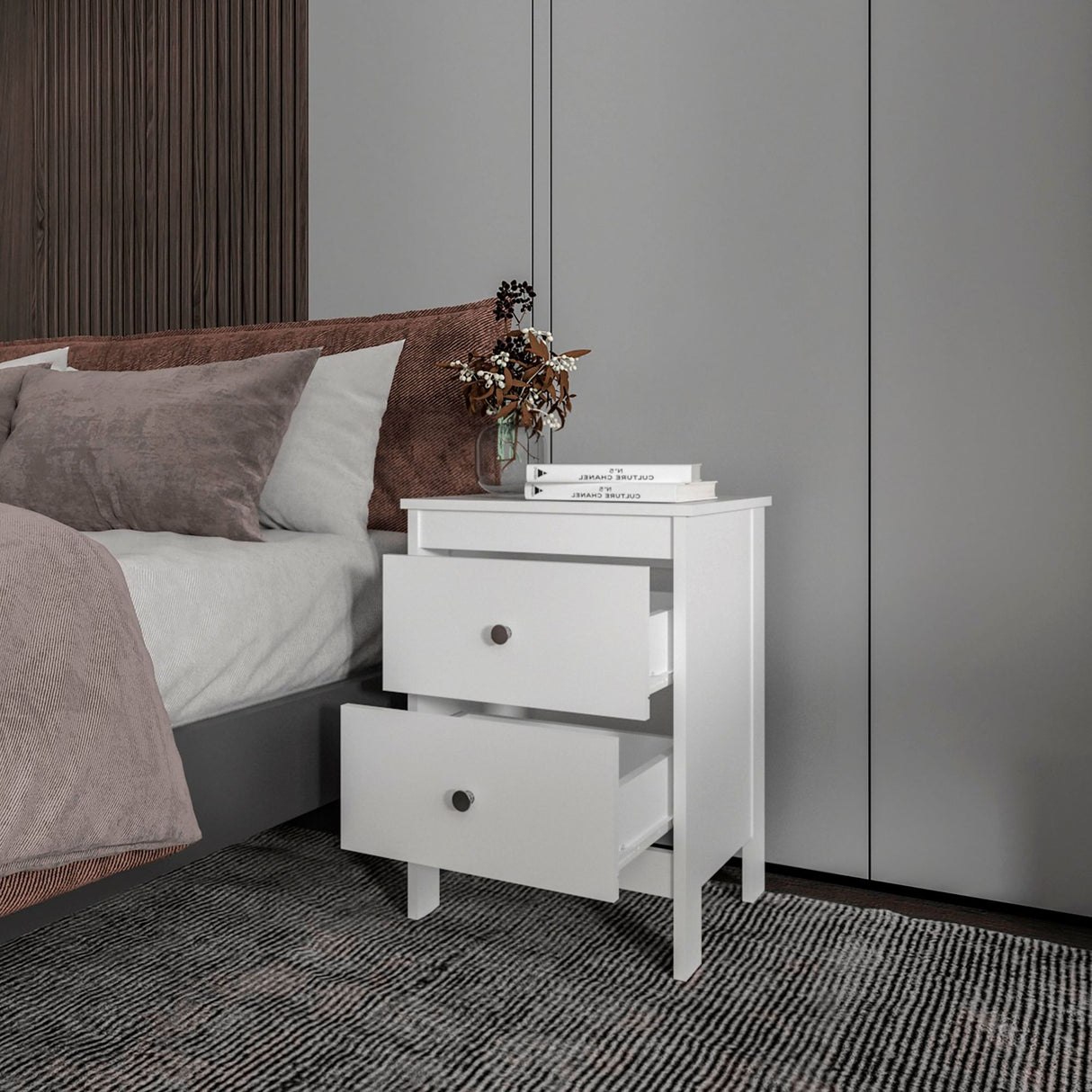 Mesa de Noche Newcastle Blanco 48x66cm con Dos Cajones y con Patas - MESAS DE NOCHE | Bylmo
