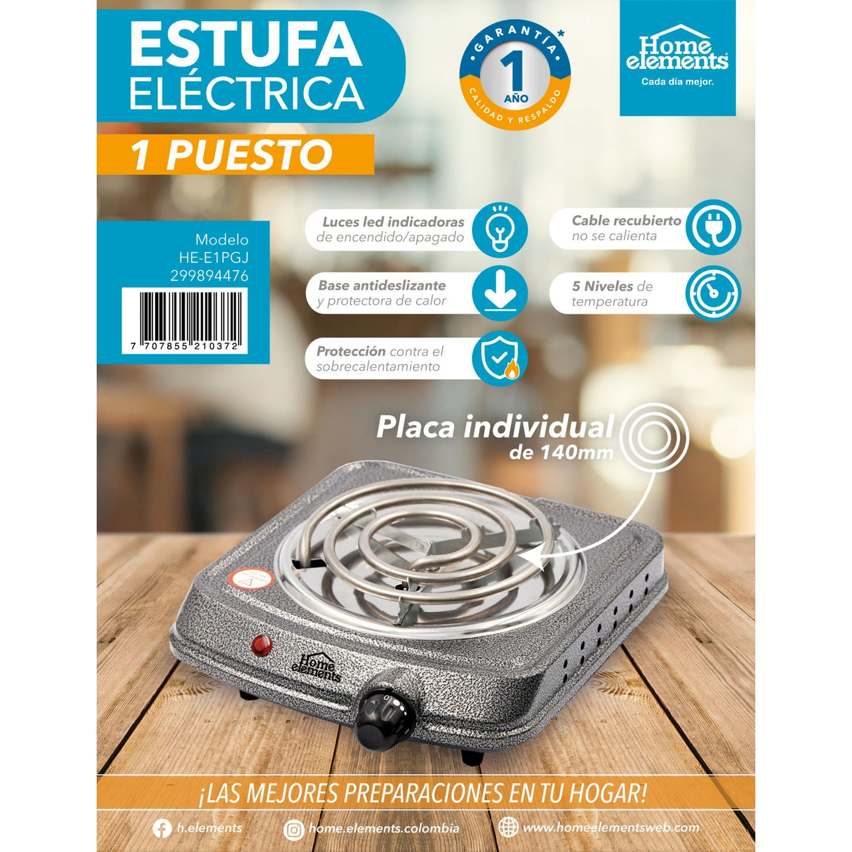 Estufa Eléctrica Gris 22x7.5cm de Un Quemador Portátil con Cinco Niveles de Temperatura - ESTUFAS | Bylmo