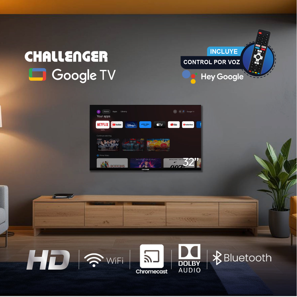 Televisor Led Smart Google 72.8x42.6cm de 32 Pulgadas HD 720P Con Wifi Integrado y Con Bluetooth - TELEVISORES | Bylmo