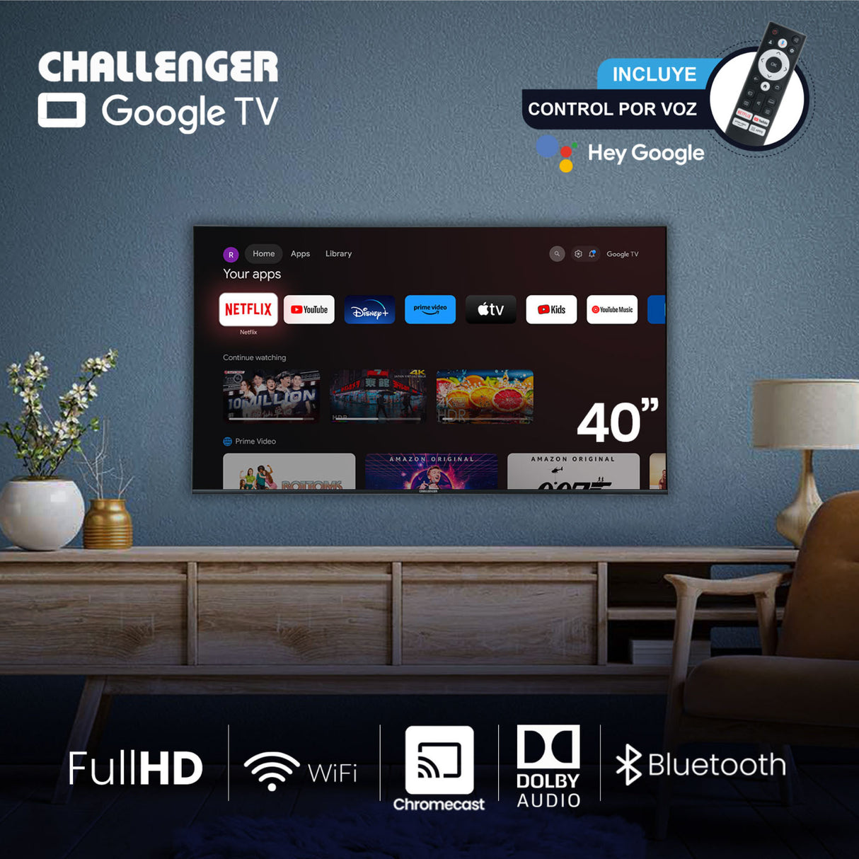 Televisor Led Smart Google 89.3x51cm de 40 Pulgadas FULL HD 1080P Con Wifi Integrado y Con Bluetooth - TELEVISORES | Bylmo