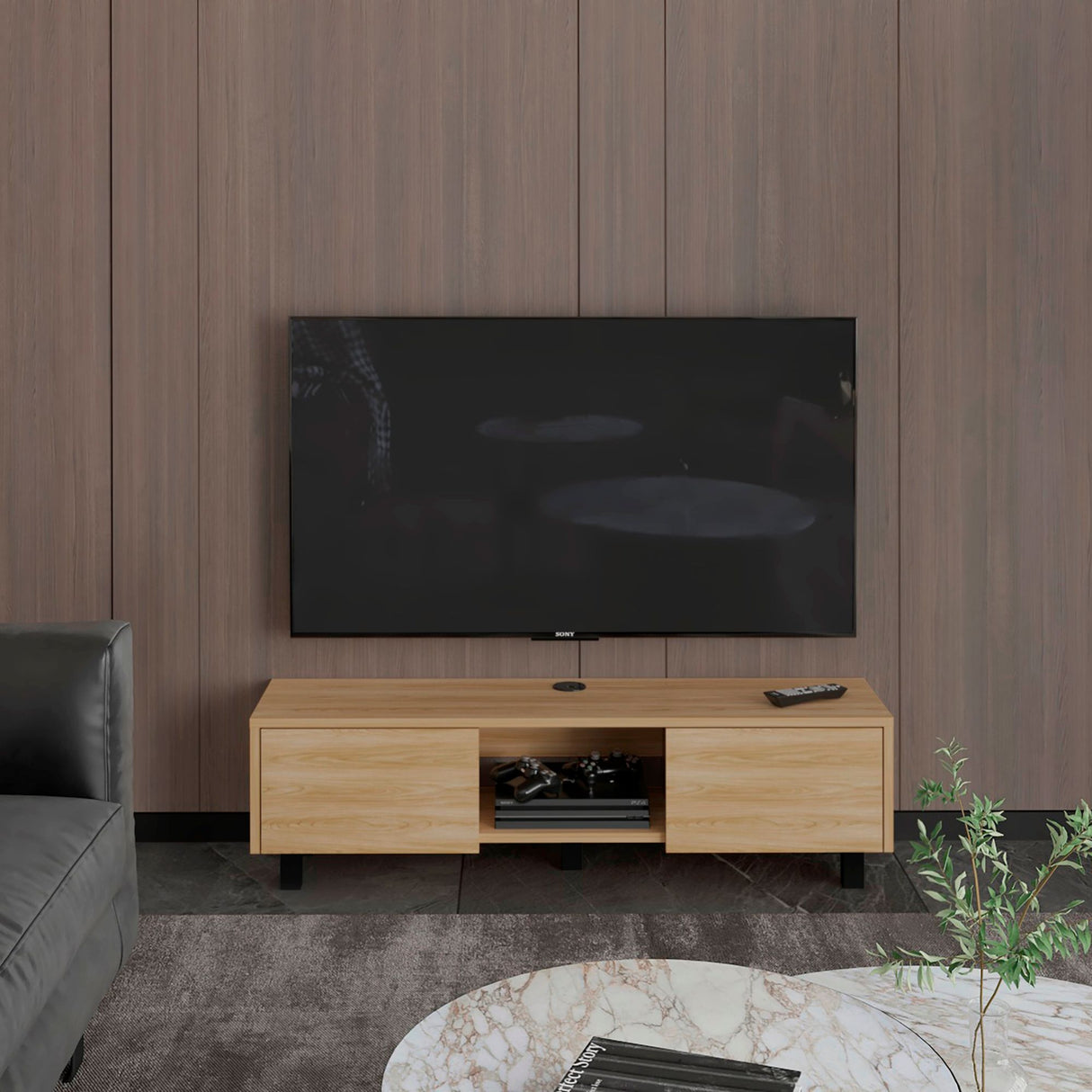 Repisa para TV Flotante Glen Fresno Europeo 125.1x26.8cm para TV Hasta 50 Pulgadas sin Cajones y con Ranuras para Cables - MUEBLES DE TV | Bylmo