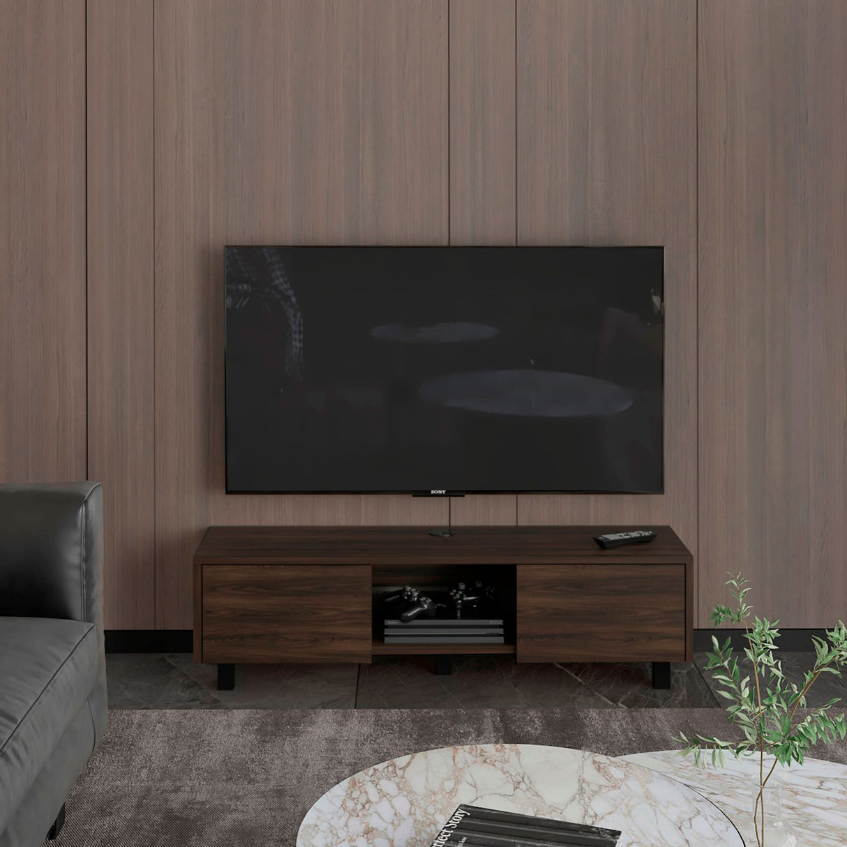 Repisa para TV Flotante Glen Nogal 125.1x26.8cm para TV Hasta 50 Pulgadas sin Cajones y con Ranuras para Cables - MUEBLES DE TV | Bylmo