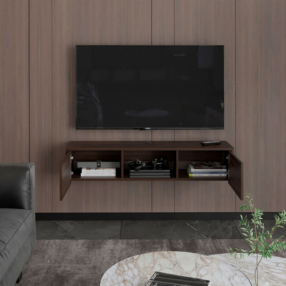 Repisa para TV Flotante Glen Nogal 125.1x26.8cm para TV Hasta 50 Pulgadas sin Cajones y con Ranuras para Cables - MUEBLES DE TV | Bylmo