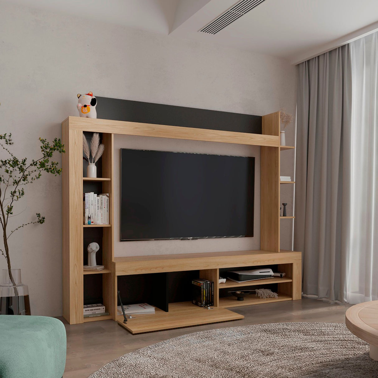 Centro de Entretenimiento Cecil Fresno Europeo y Wengue 215.8x178.1cm para TV Hasta 75 Pulgadas sin Cajones y con Ranuras para Cables - MUEBLES DE TV | Bylmo