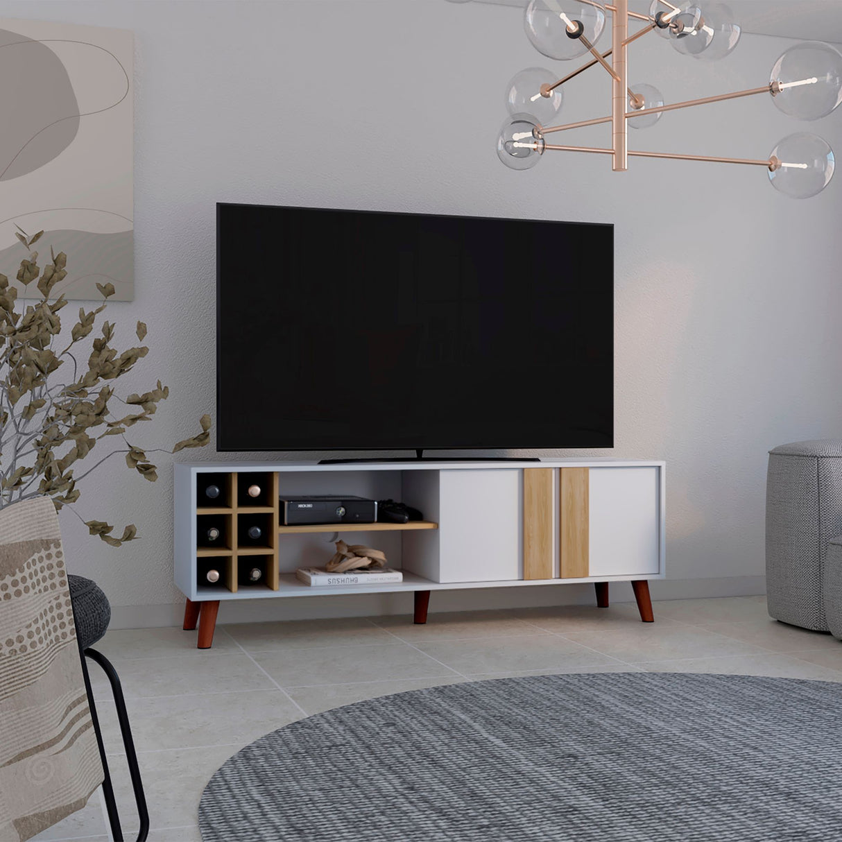 Rack de TV Lane Blanco y Fresno Europeo 160x55cm para TV Hasta 65 Pulgadas sin Cajones y con Ranuras para Cables - MUEBLES DE TV | Bylmo