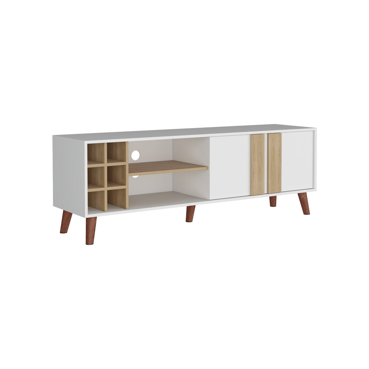 Rack de TV Lane Blanco y Fresno Europeo 160x55cm para TV Hasta 65 Pulgadas sin Cajones y con Ranuras para Cables - MUEBLES DE TV | Bylmo