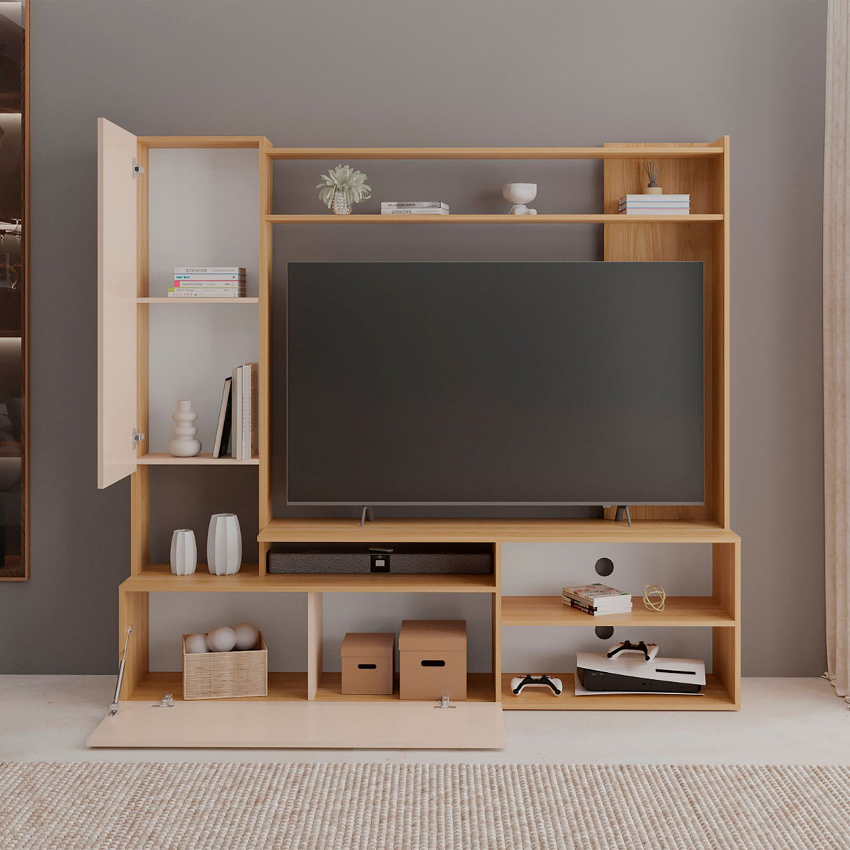 Rack de TV Nolic Fresno Europeo y Capri 178.5x167cm para TV Hasta 60 Pulgadas sin Cajones y con Ranuras para Cables - MUEBLES DE TV | Bylmo