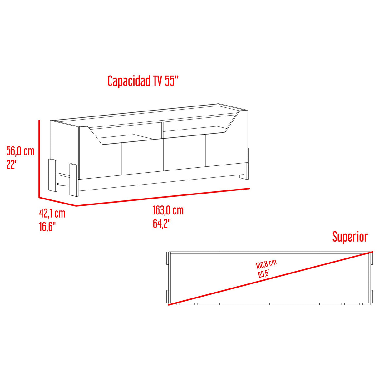 Rack de TV Holt Fresno Europeo y Capri 163x56cm para TV Hasta 50 Pulgadas sin Cajones - MUEBLES DE TV | Bylmo