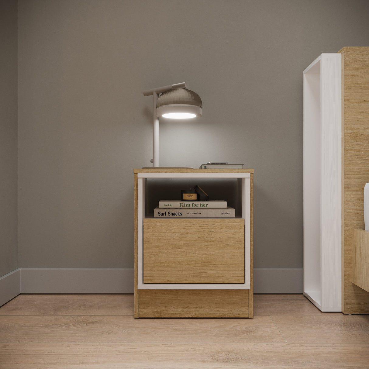 Mesa de Noche x 2 Lucas Rovere y Blanco 40x50cm con Un Cajón - MESAS DE NOCHE | Bylmo