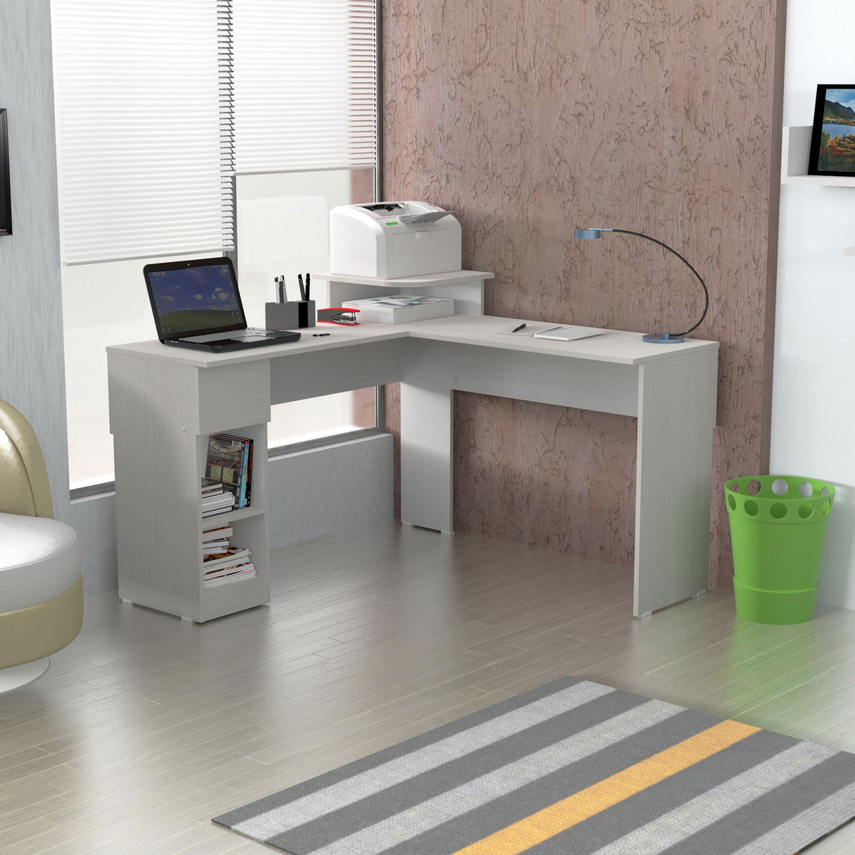 Escritorio en L Tiby Niebla 122x73cm con Un Cajón - ESCRITORIOS | Bylmo