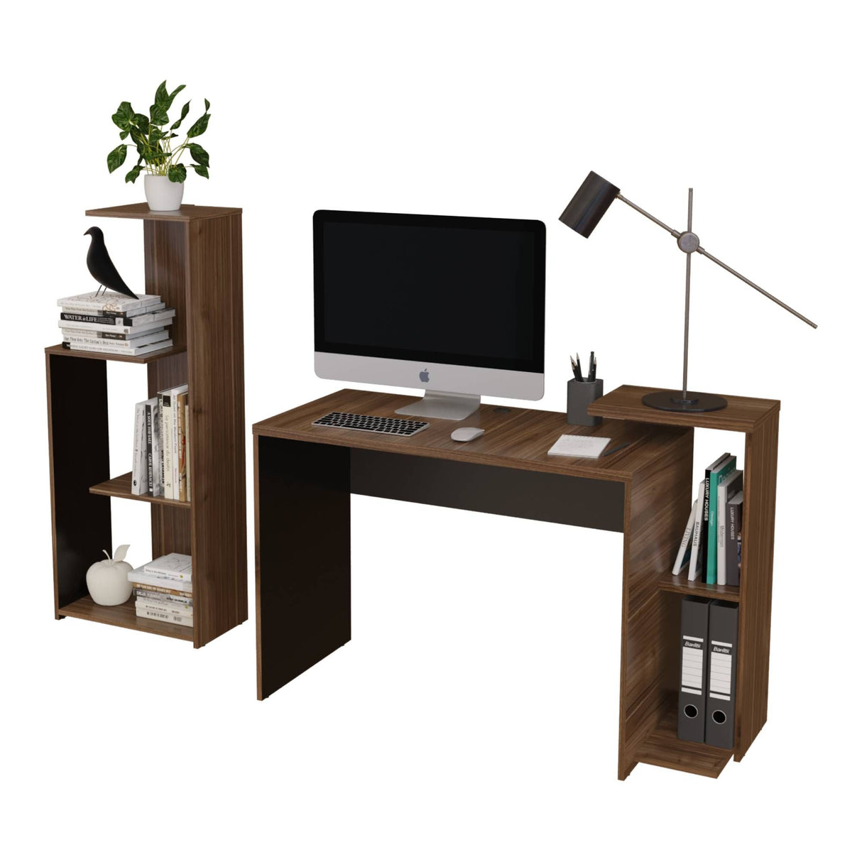 Combo Escritorio y Biblioteca Z Gales y Wengue 121x82cm sin Cajones y con Organizador de Libros - ESCRITORIOS | Bylmo
