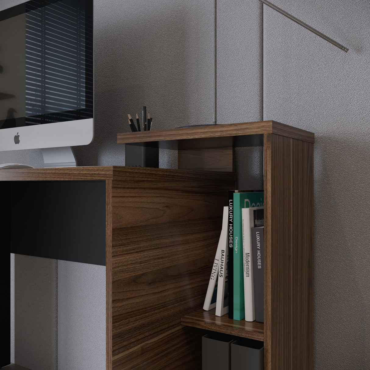 Combo Escritorio y Biblioteca Z Gales y Wengue 121x82cm sin Cajones y con Organizador de Libros - ESCRITORIOS | Bylmo