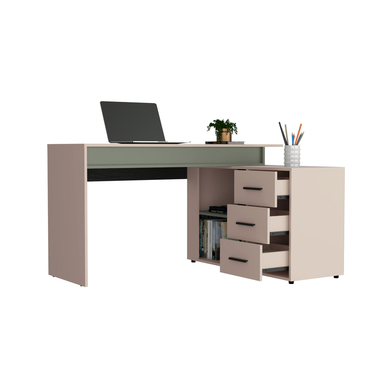 Escritorio en L Upton Capri y Agave 101.5x75cm con Tres Cajones y con Organizador de Libros - ESCRITORIOS | Bylmo