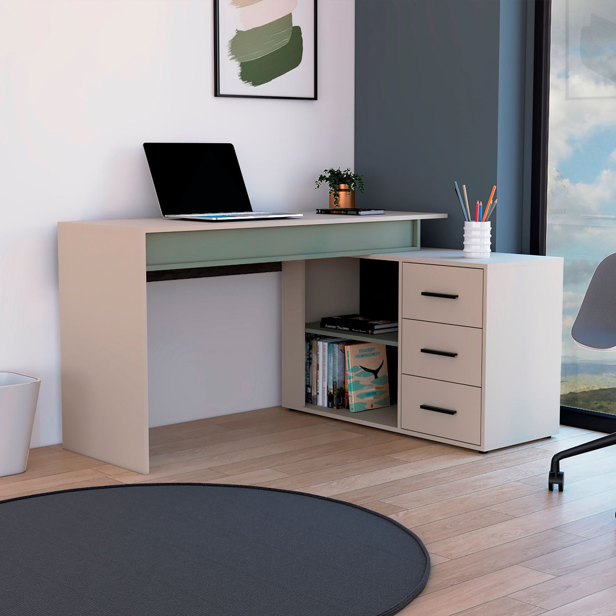 Escritorio en L Upton Capri y Agave 101.5x75cm con Tres Cajones y con Organizador de Libros - ESCRITORIOS | Bylmo