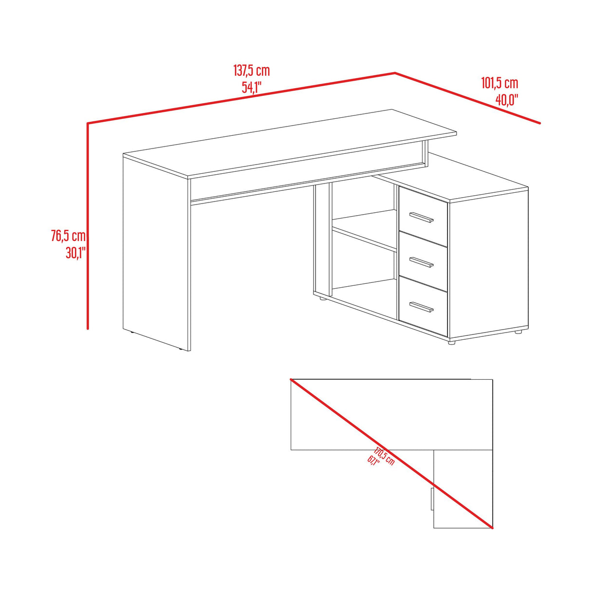 Escritorio en L Upton Capri y Agave 101.5x75cm con Tres Cajones y con Organizador de Libros - ESCRITORIOS | Bylmo